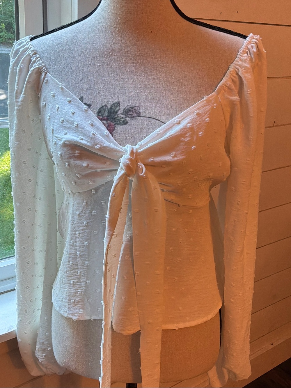 Lulu's Ivory Tie-Front Swiss Dot Long-Sleeve Blouse